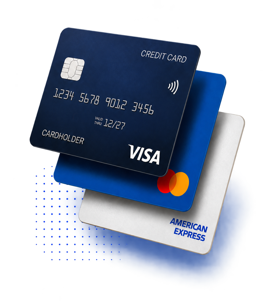 Three premium credit cards stacked diagonally